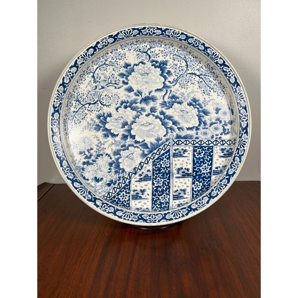 Spic and Span Ming Dynasty Style Blue White Floral Metal Serving Tray Decor Vtg